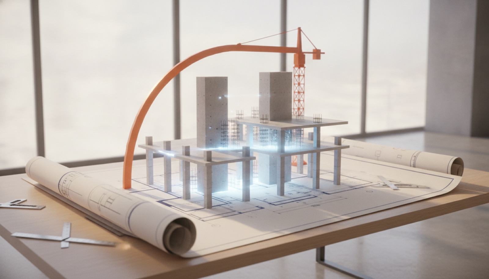 Structural drawing on a desk building itself into a 3D concrete model with an orange crane